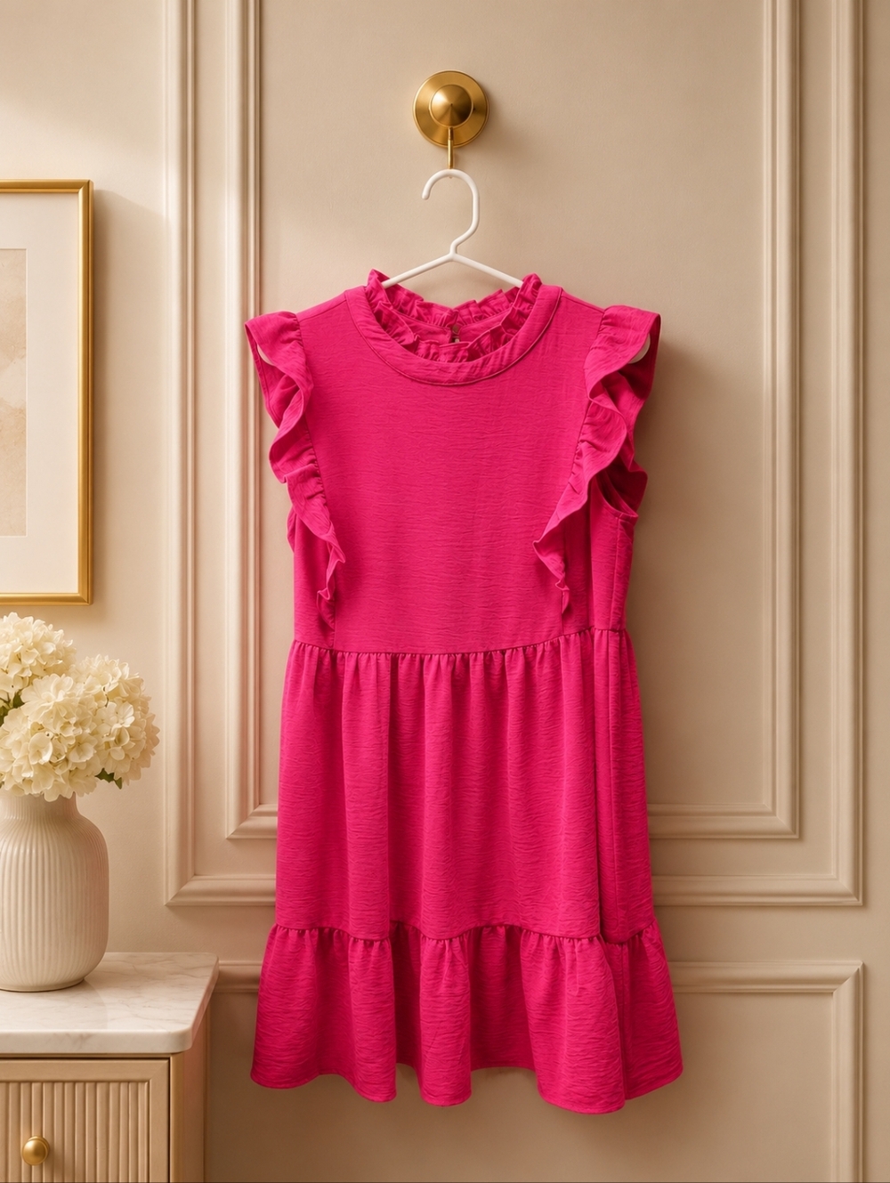 NWOT JODIFL Small Fuchsia Ruffle-Trim Midi Dress